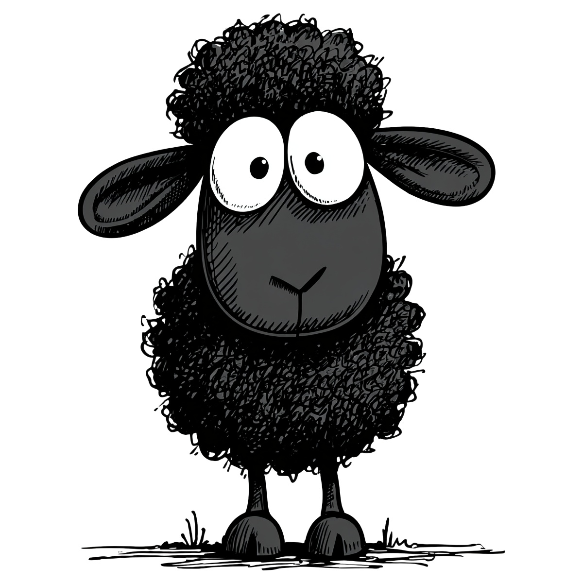 Black sheep with curly wool, large eyes, stylized cartoon appearance.