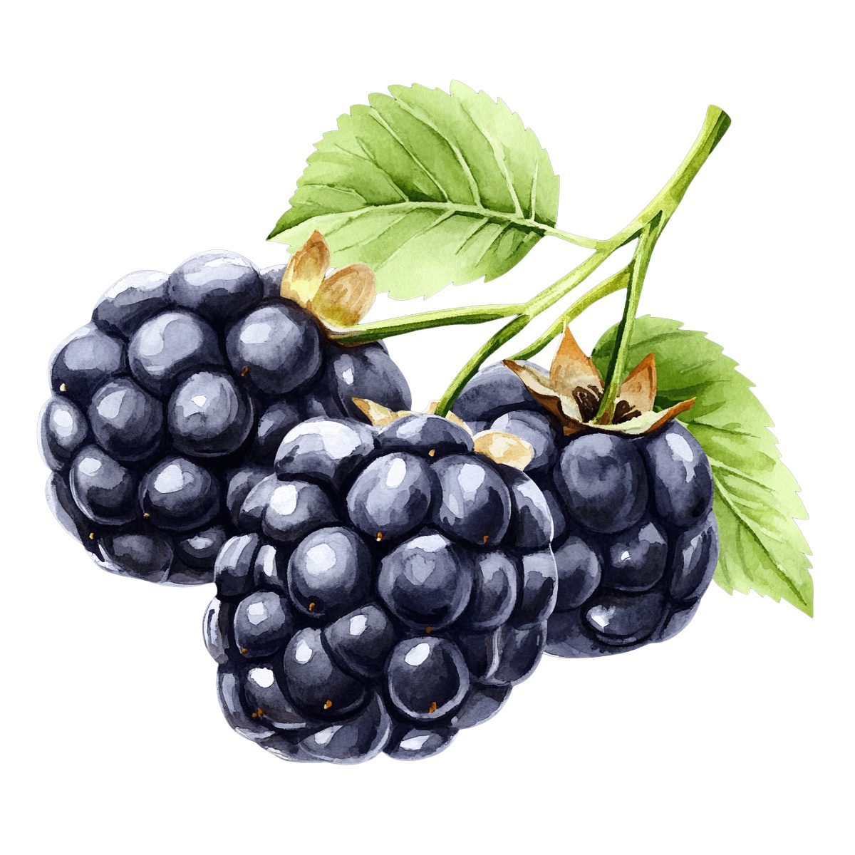 Blackberries with green leaves in a watercolor style on a branch.