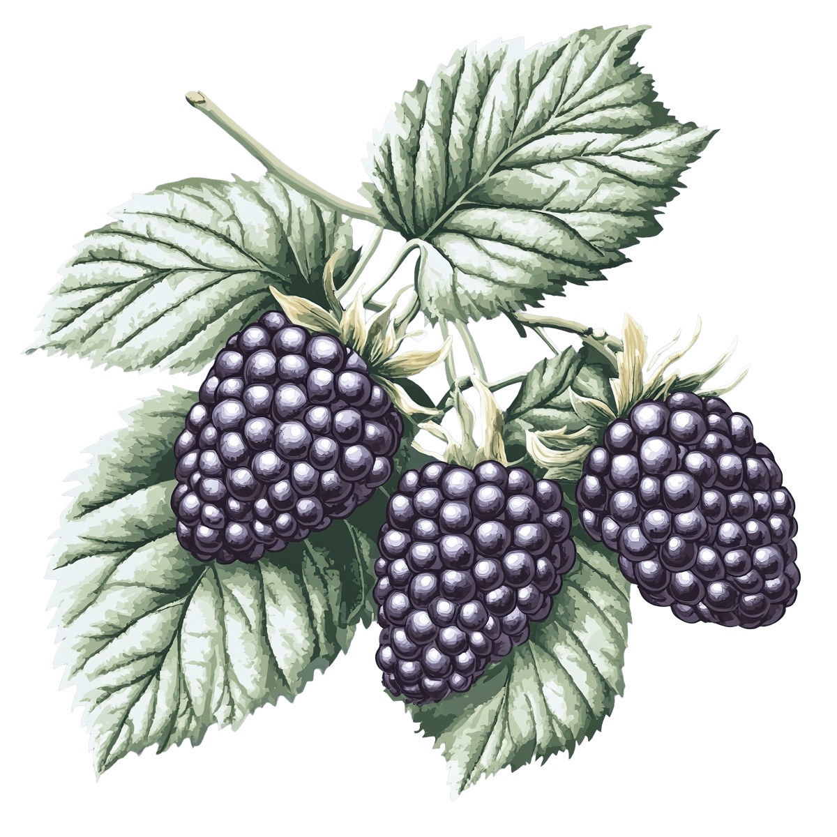 Blackberries with green leaves on a branch in detailed clipart style.