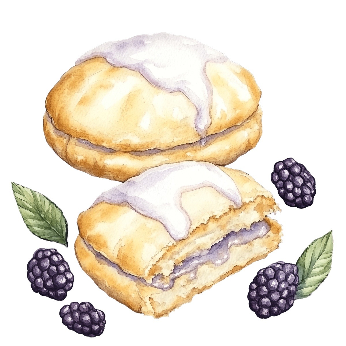 Blackberry Danish pastries with icing and fresh berries in watercolor style.