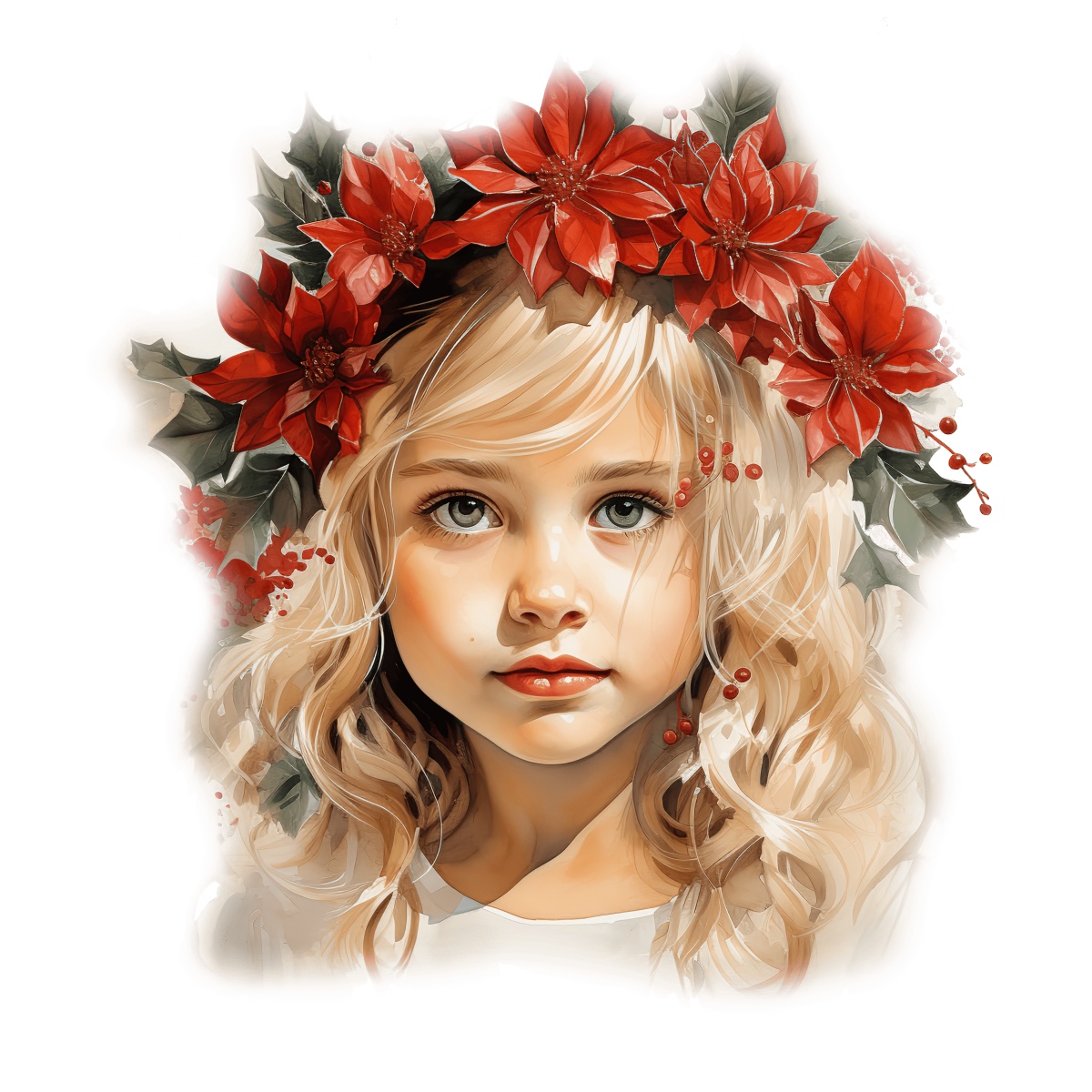 Blonde child with red poinsettia flowers and berries in a festive crown.