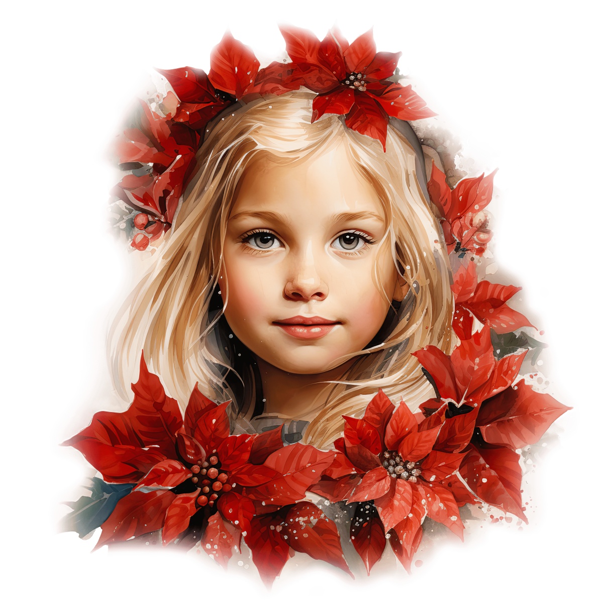 Young girl with blonde hair and red poinsettias around her face.