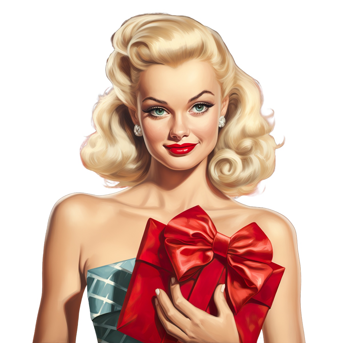 Blonde woman holding a red gift box with a large bow.