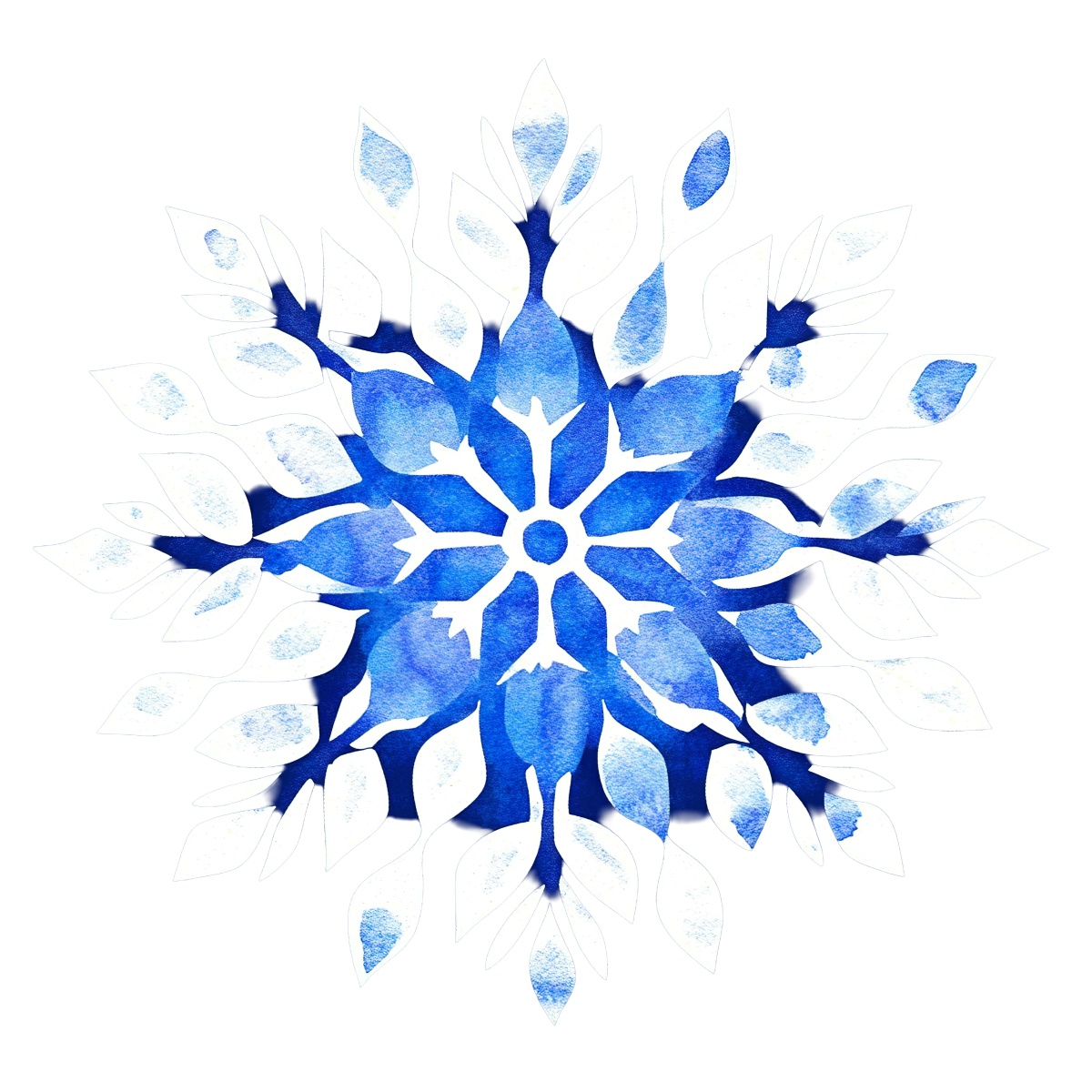 Blue and white watercolor snowflake with intricate leaf patterns on dark background.