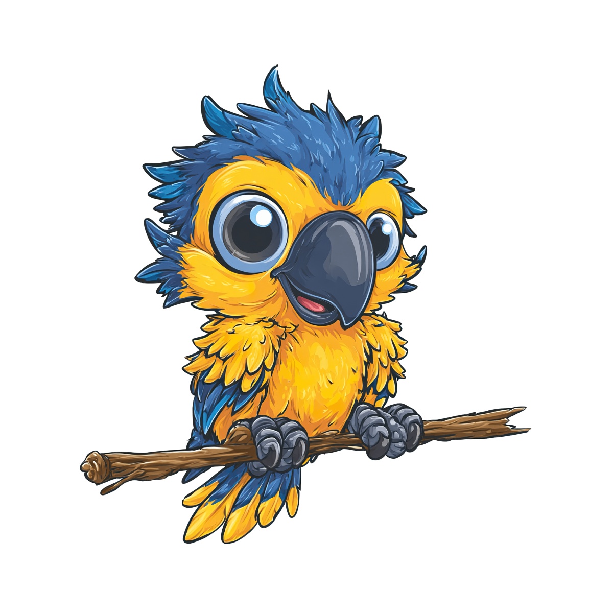 Blue and yellow parrot illustration perched on branch with detailed feathers.
