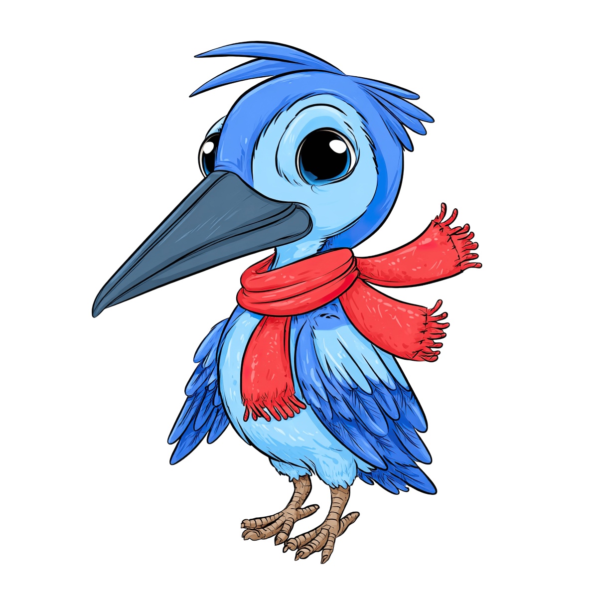 Blue bird with red scarf, black beak, cartoon style clipart.