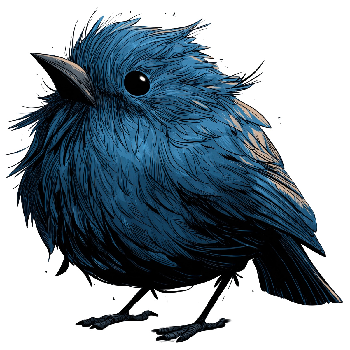 Blue bird with fluffy feathers and black beak in clipart style.