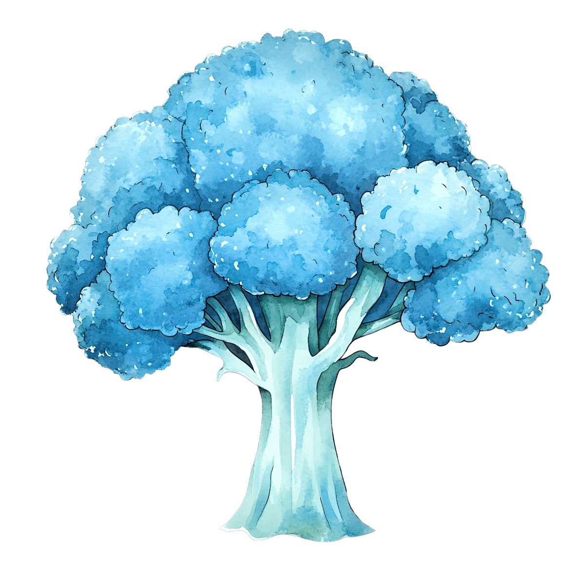 Blue broccoli clipart in watercolor style with detailed texture.