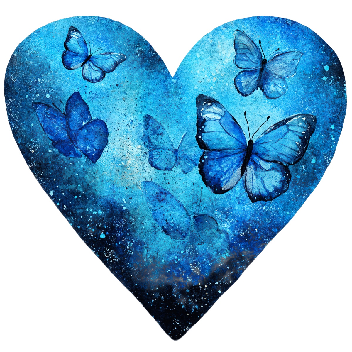 Blue butterflies in a watercolor heart shape with a textured background.