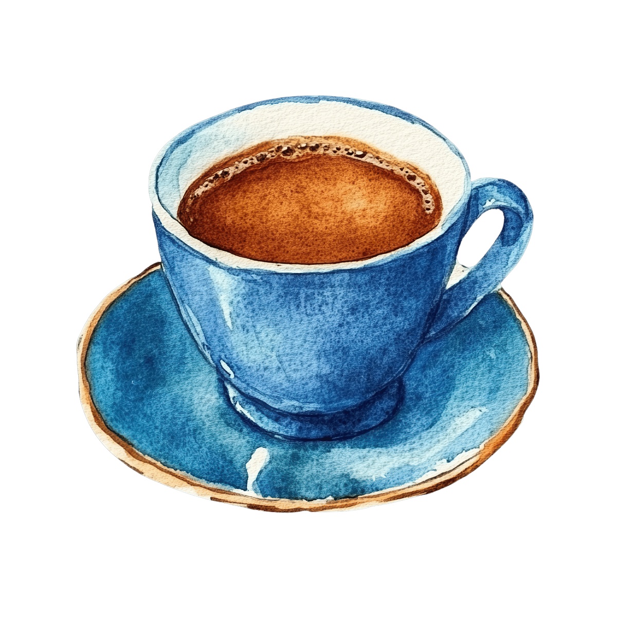 Blue ceramic coffee cup filled with coffee on a matching saucer.