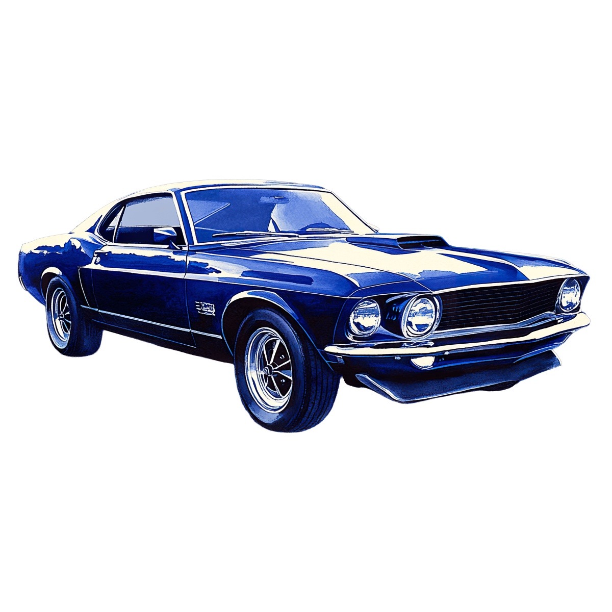 Blue classic muscle car with chrome details on a black background.