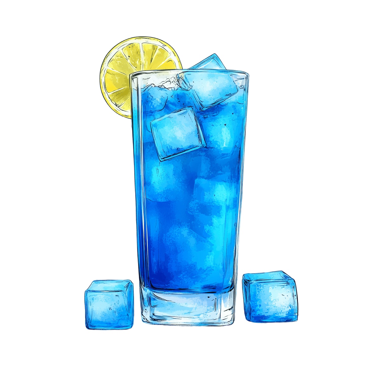 Blue cocktail in a tall glass with ice cubes and lemon slice.