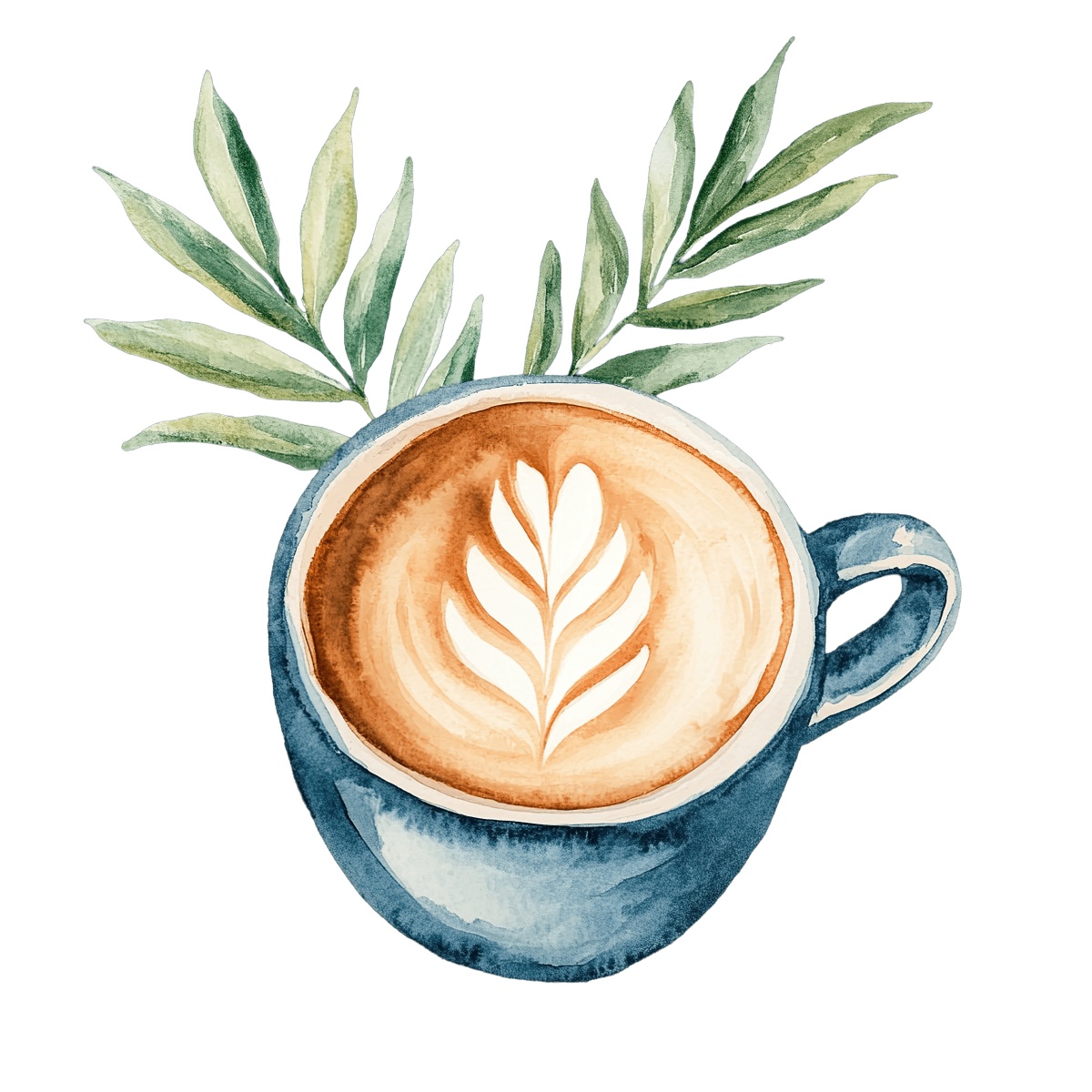 Blue coffee cup with latte art and green leaves.