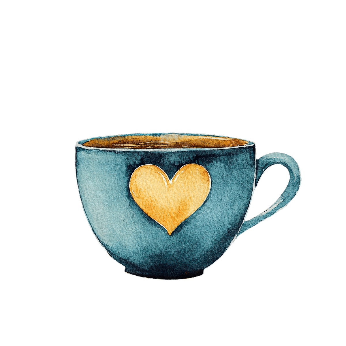 Blue coffee cup with a yellow heart design in a watercolor style.