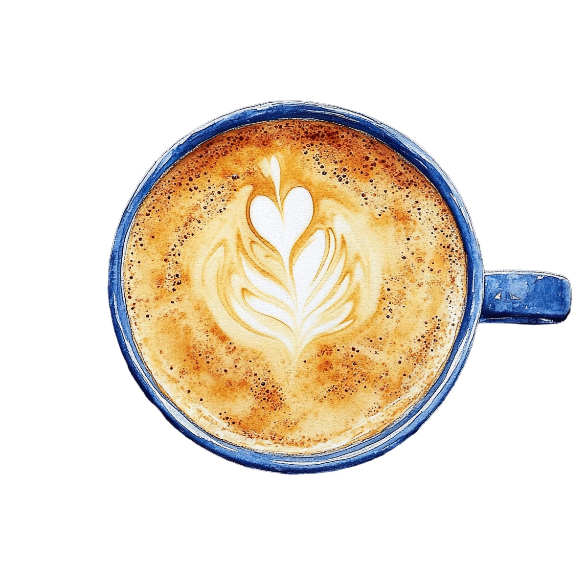 Blue cup of coffee with heart-shaped latte art on top.