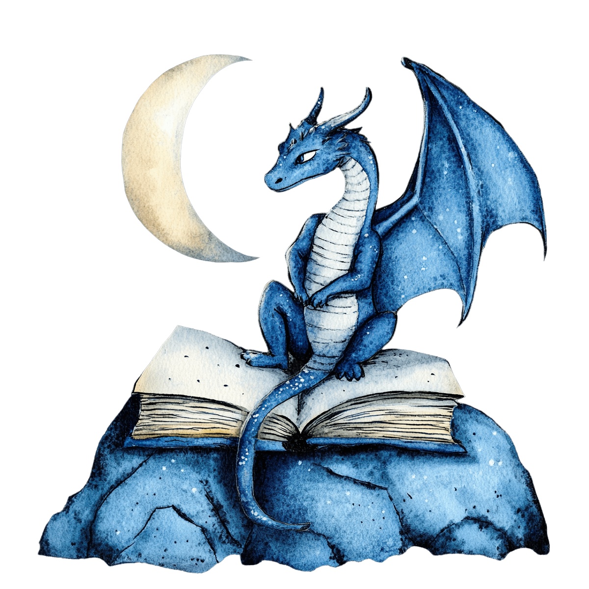 Blue dragon perched on an open book with crescent moon in background.