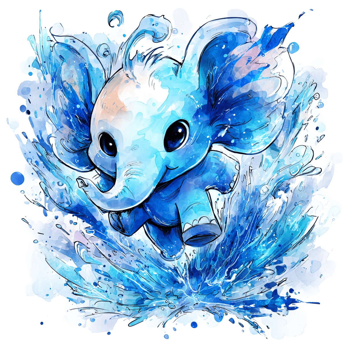 Cartoon blue elephant with watercolor splash effect.