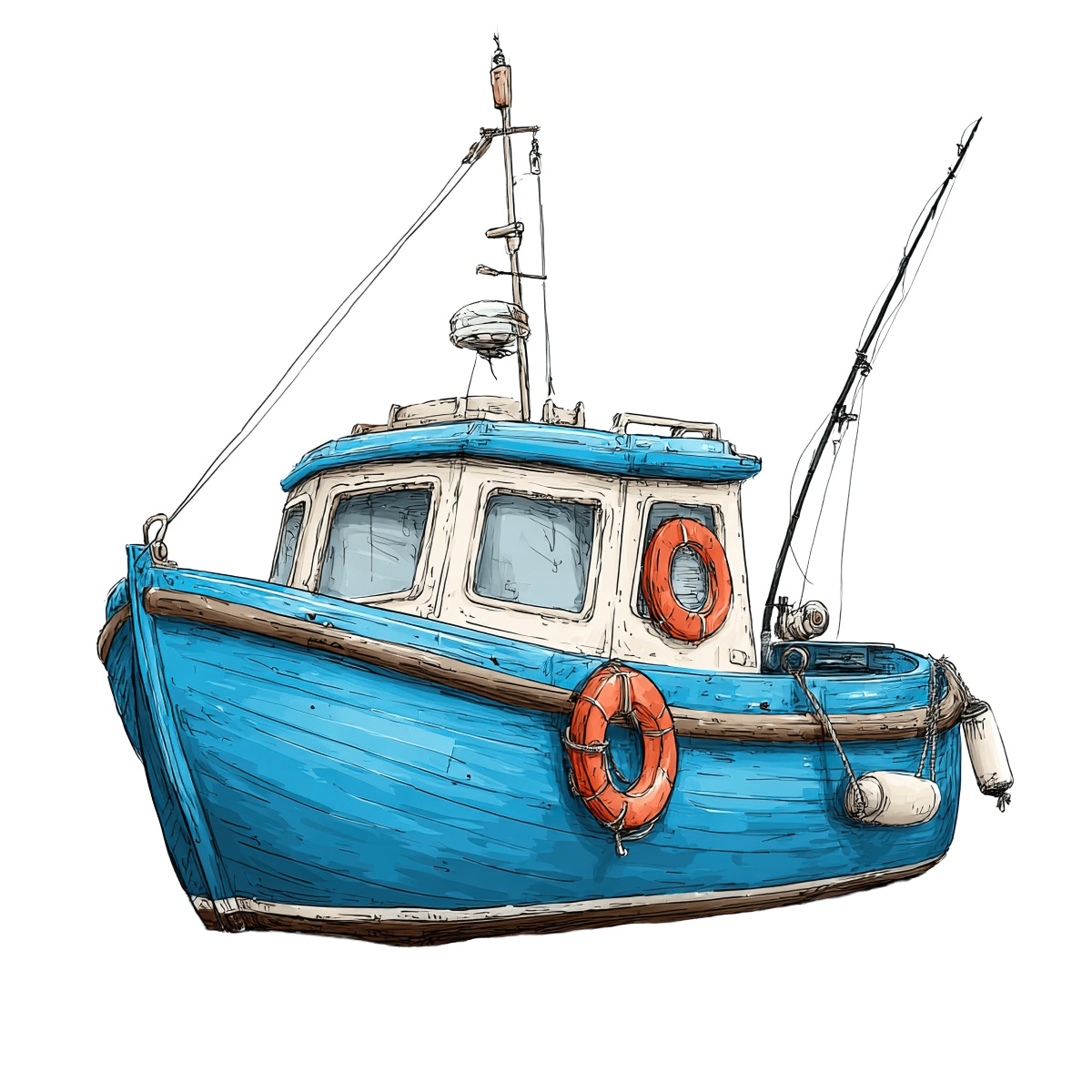 Blue fishing boat with lifebuoys