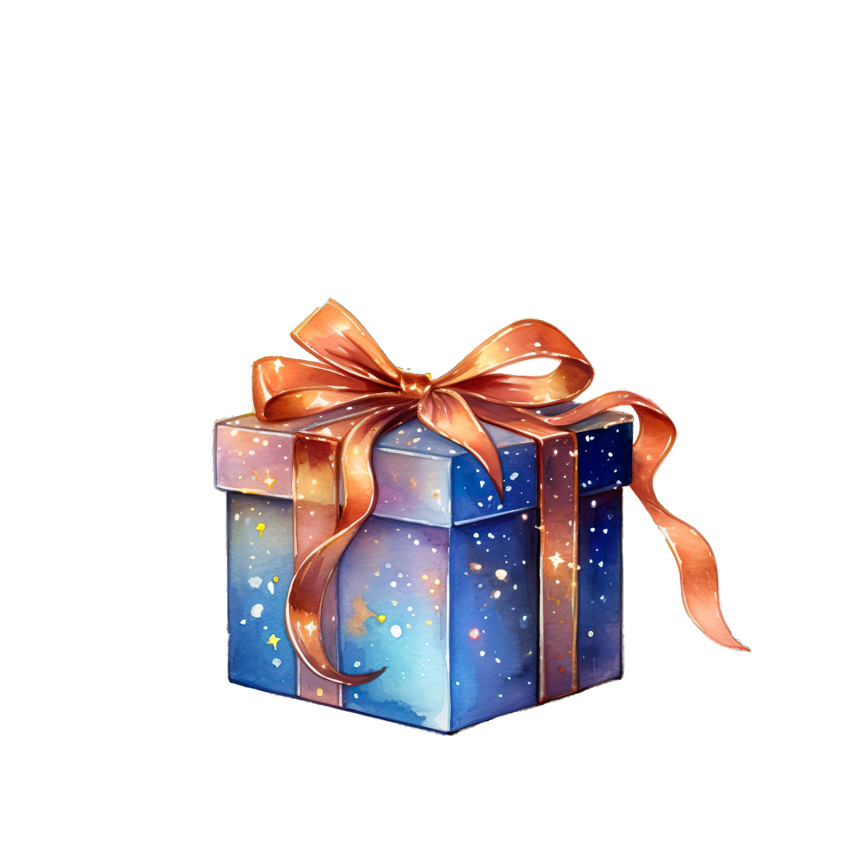Blue galaxy-themed gift box with a shiny ribbon on a clear background.