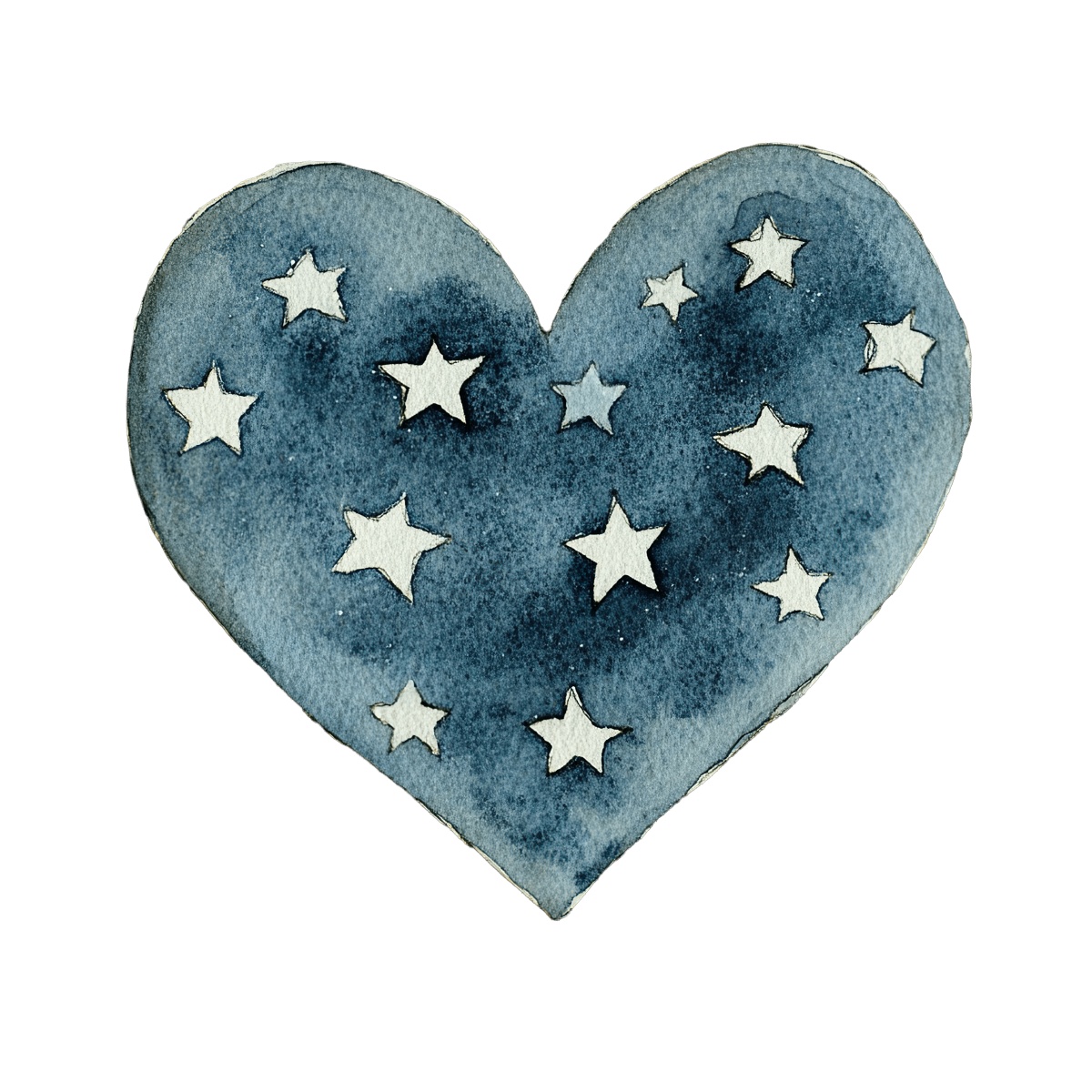 Blue watercolor heart with white stars, depicting a celestial theme.