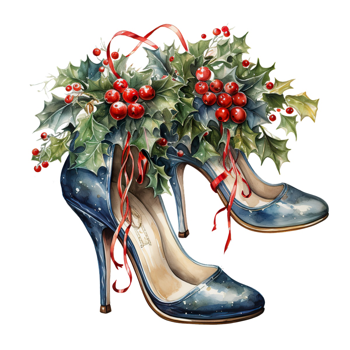 Blue high heel shoes decorated with holly leaves and red berries for Christmas.
