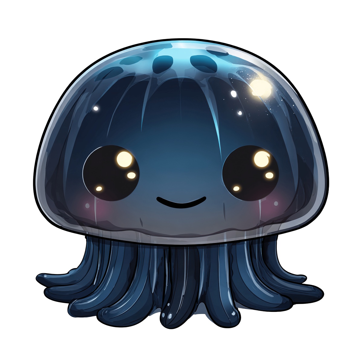 Blue jellyfish cartoon with glossy highlights and simple facial features.