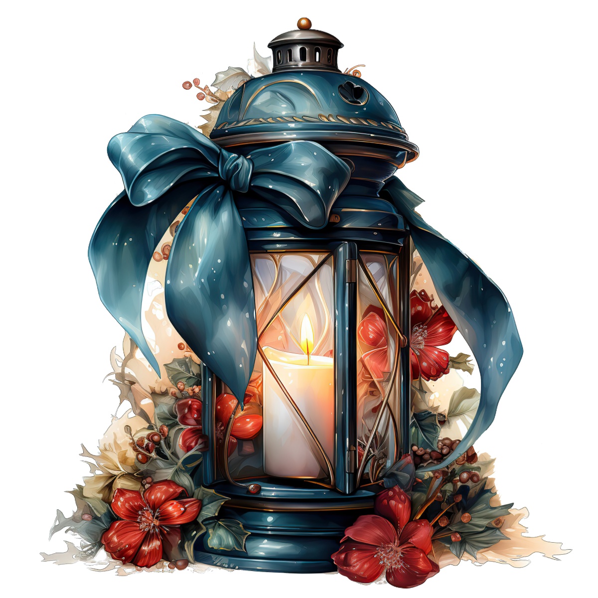 Blue lantern with a candle surrounded by flowers, ideal for holiday decor.