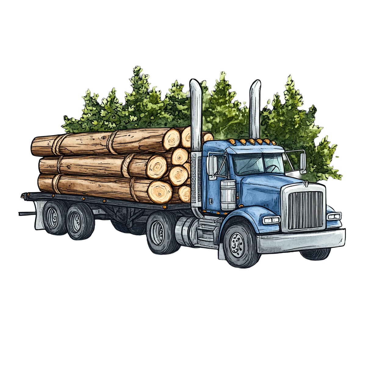 Blue logging truck transporting large wooden logs and green foliage.