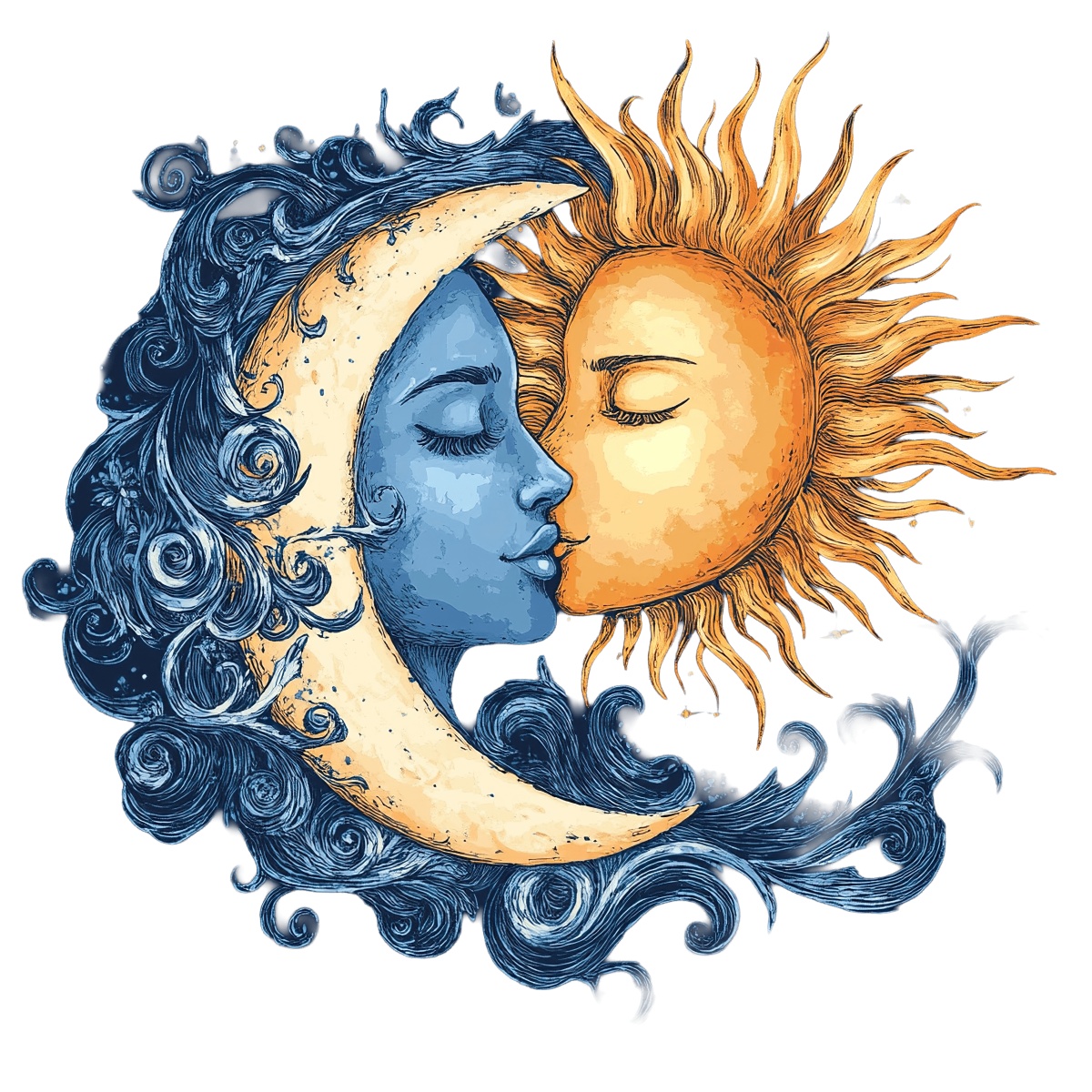 Blue crescent moon and golden sun with swirling decorative patterns.