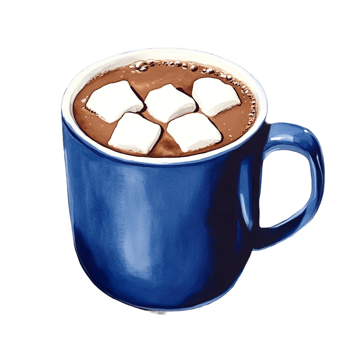 Blue mug of hot chocolate with marshmallows on top.