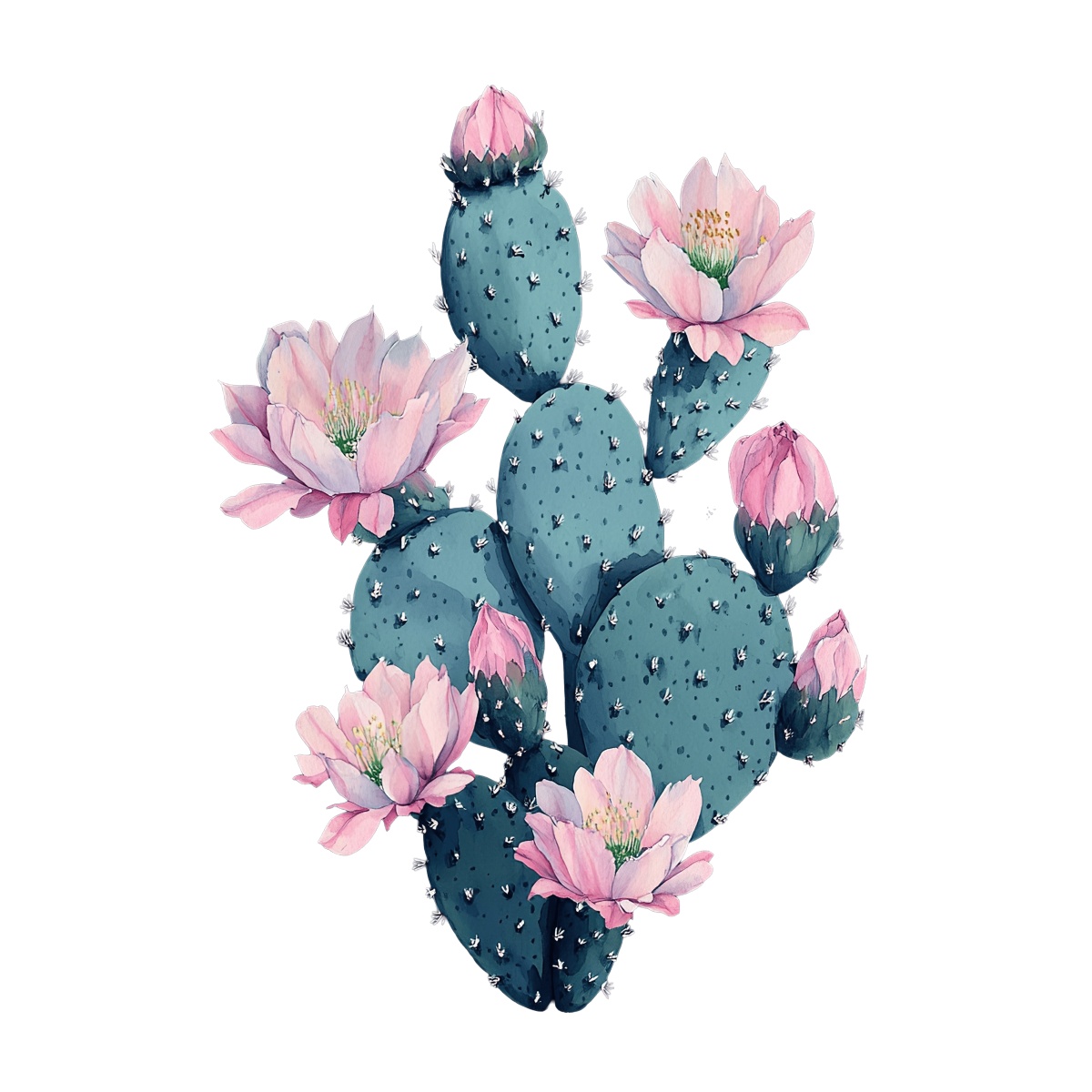 Vibrant blue cactus with pink flowers and buds on a black background.