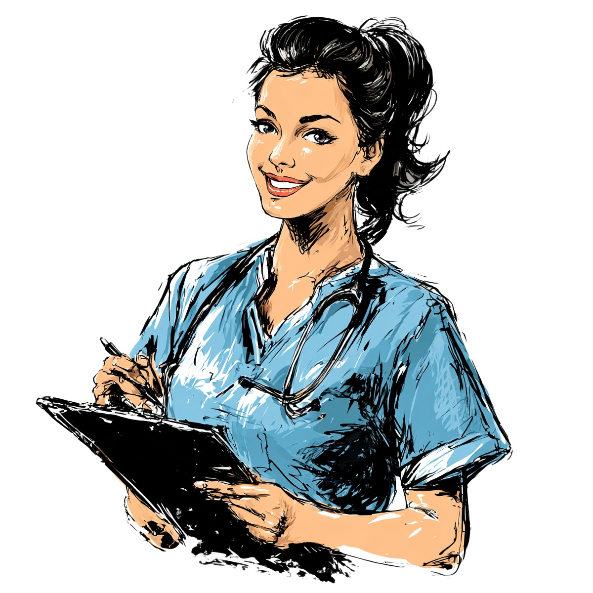 Person in blue scrubs with stethoscope and clipboard sketch