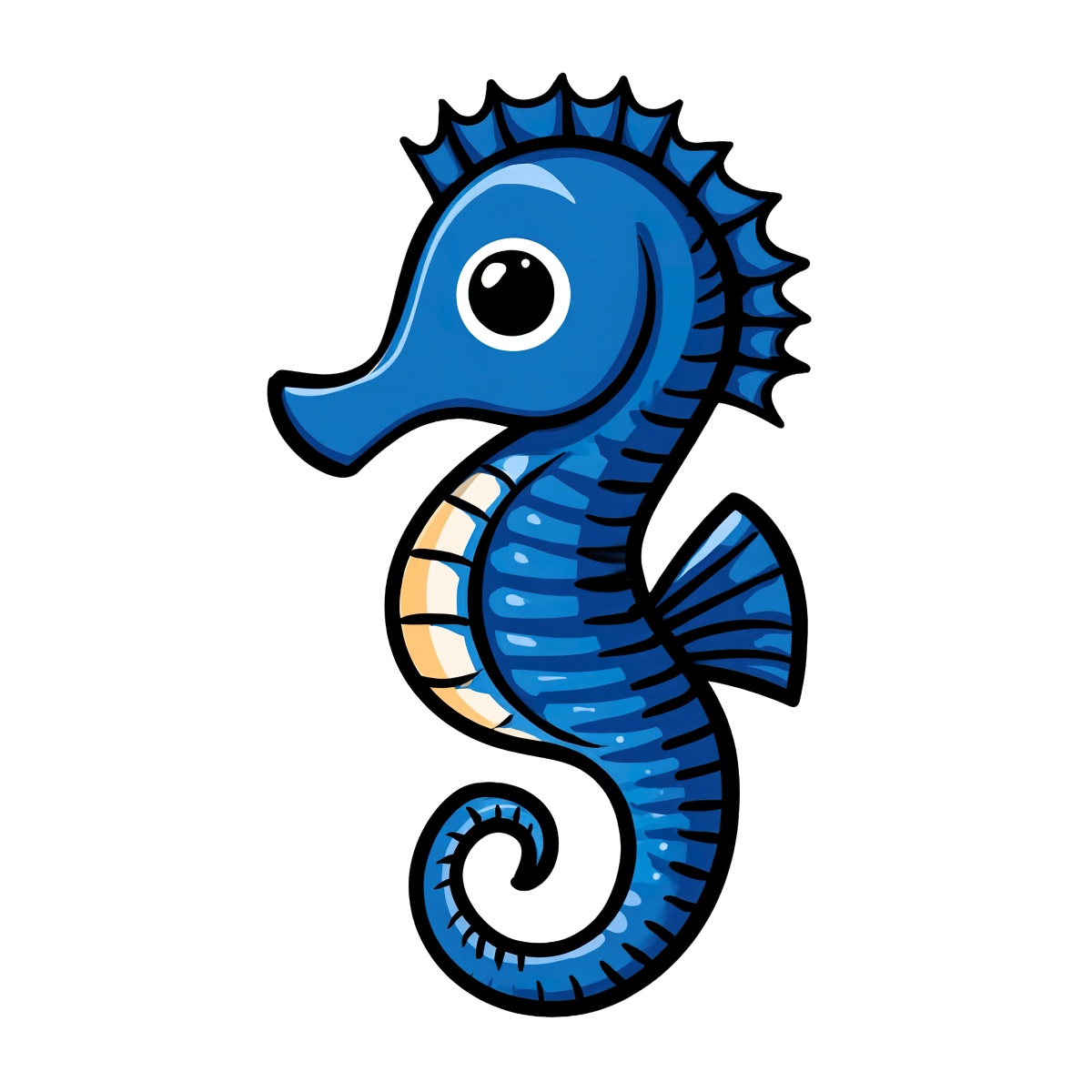 Blue seahorse illustration with curved body and large eye, detailed scales.
