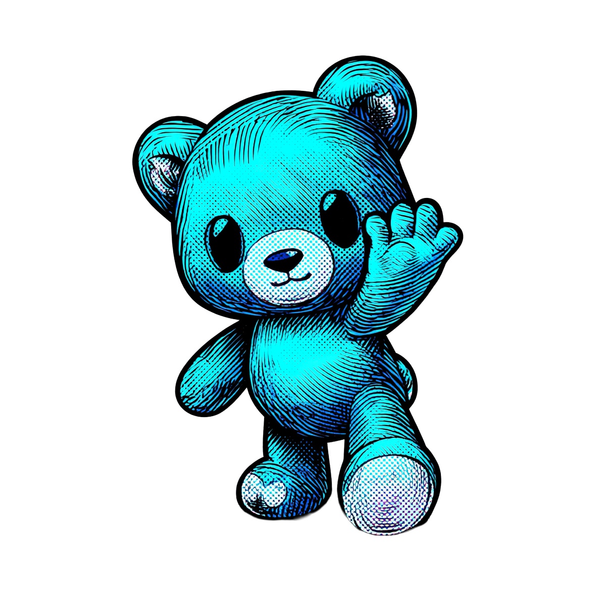 Blue teddy bear waving, with a sketch-style design on dark background.