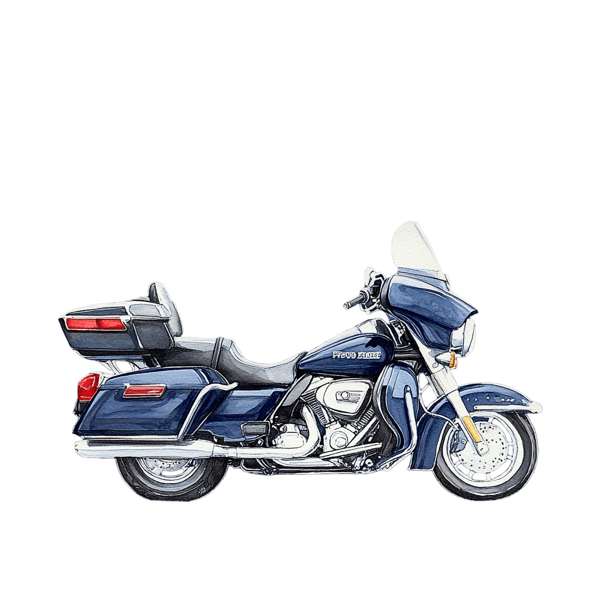 Blue touring motorcycle with saddlebags and windshield in detailed vector illustration.