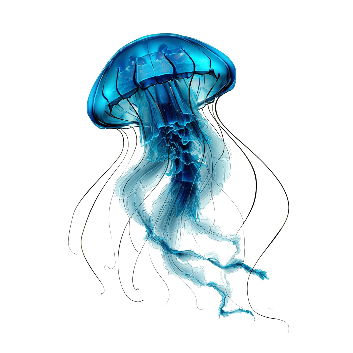 Blue translucent jellyfish with flowing tentacles