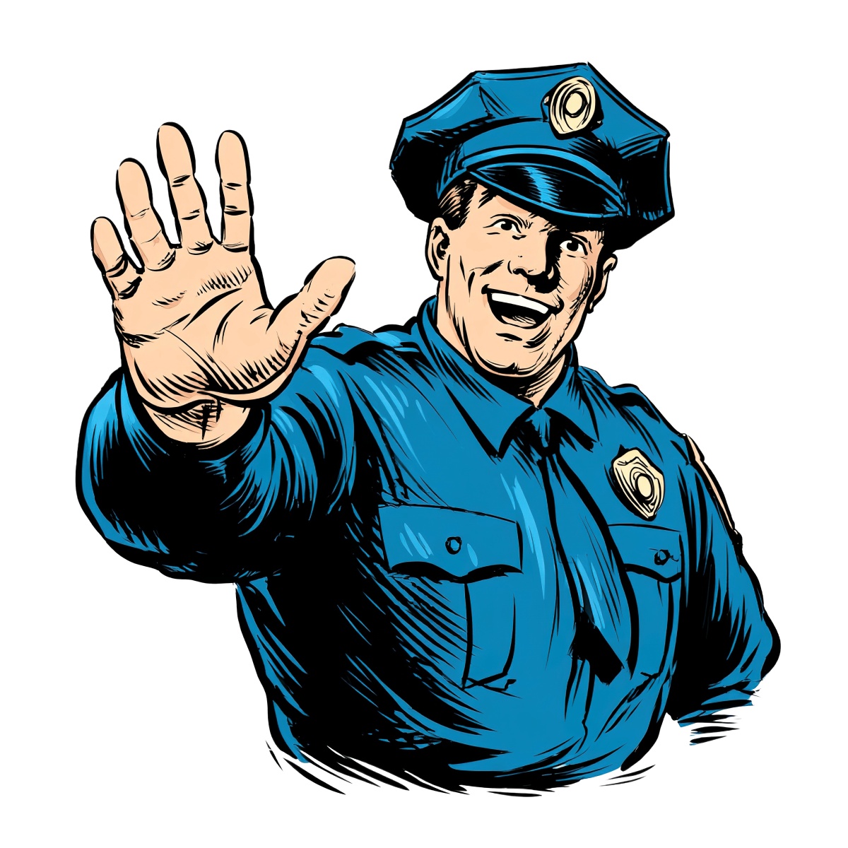Police officer in blue uniform raising hand