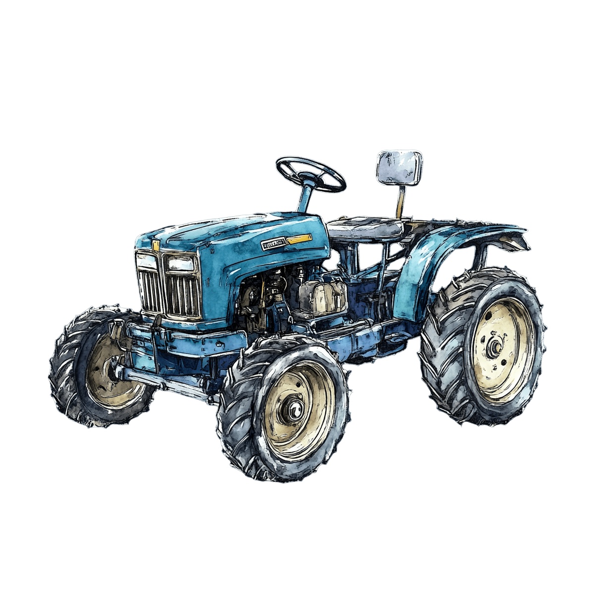 Detailed watercolor illustration of a blue vintage tractor with large wheels.