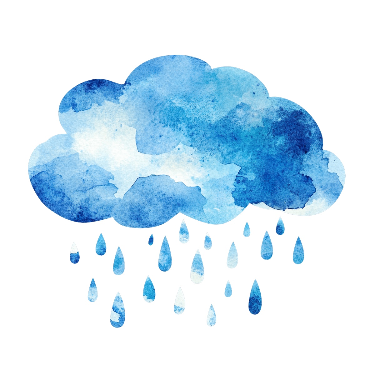 Blue watercolor cloud with raindrops against a black background.
