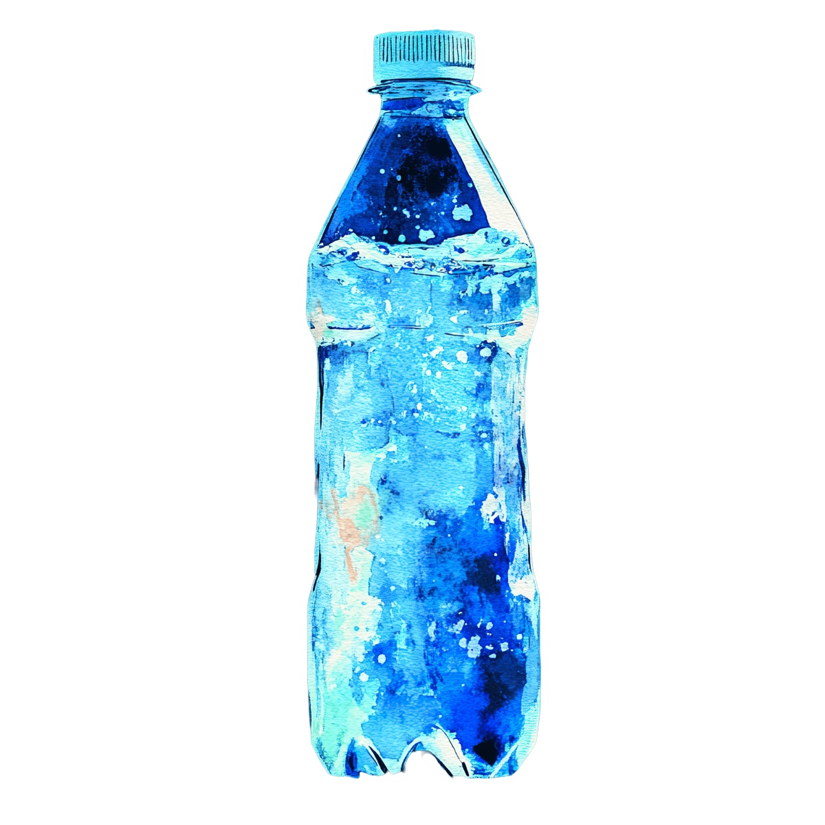 Blue watercolor plastic bottle filled with water.