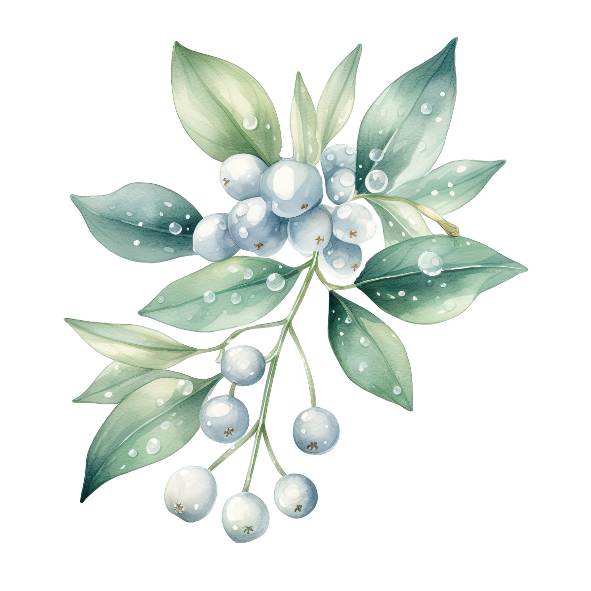 Blueberry branch with green leaves and water droplets in a vector illustration.