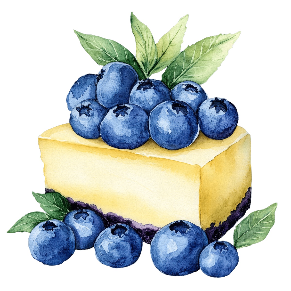 Blueberry cheesecake slice with fresh blueberries and green leaves on top.