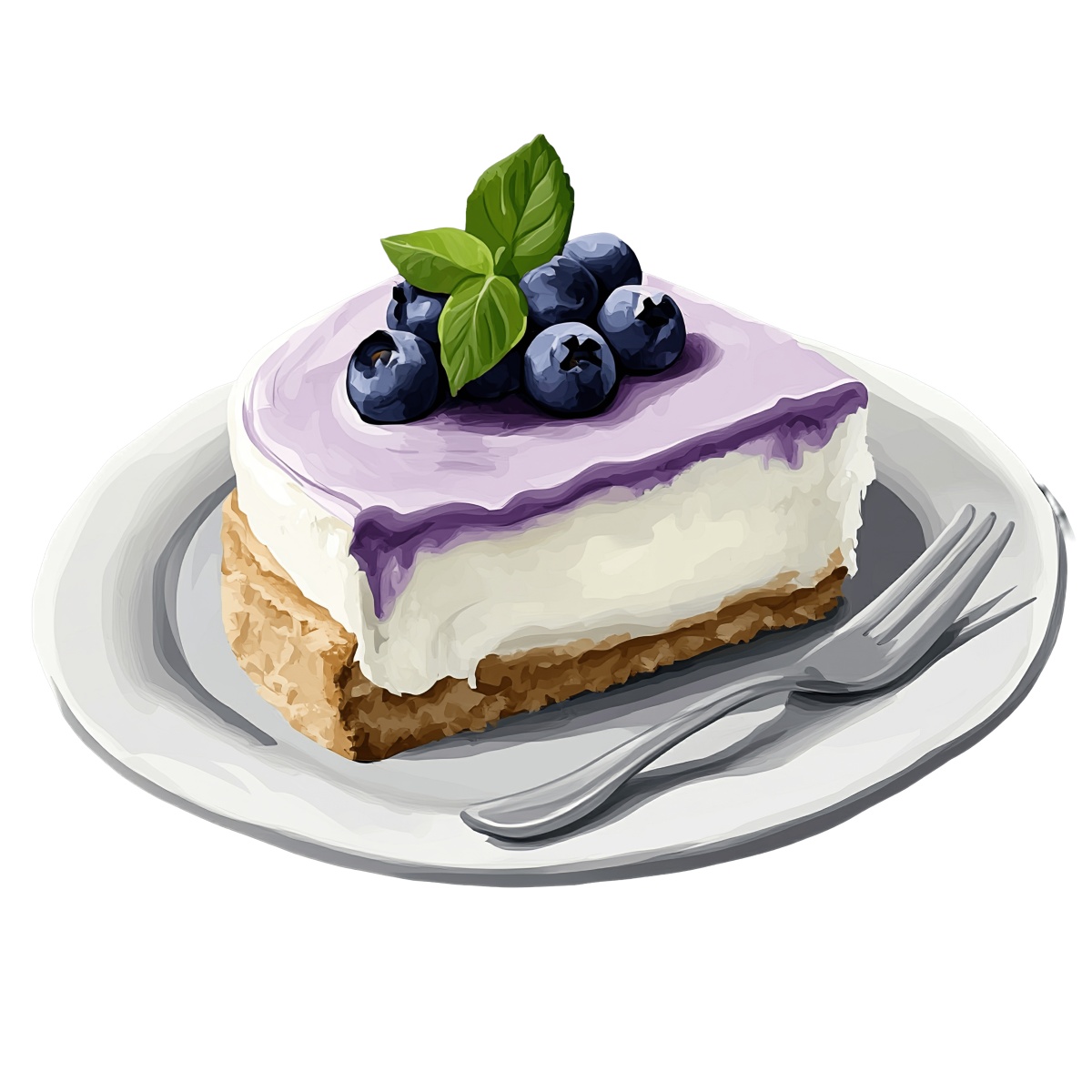 Blueberry cheesecake slice with mint leaves on a white plate.