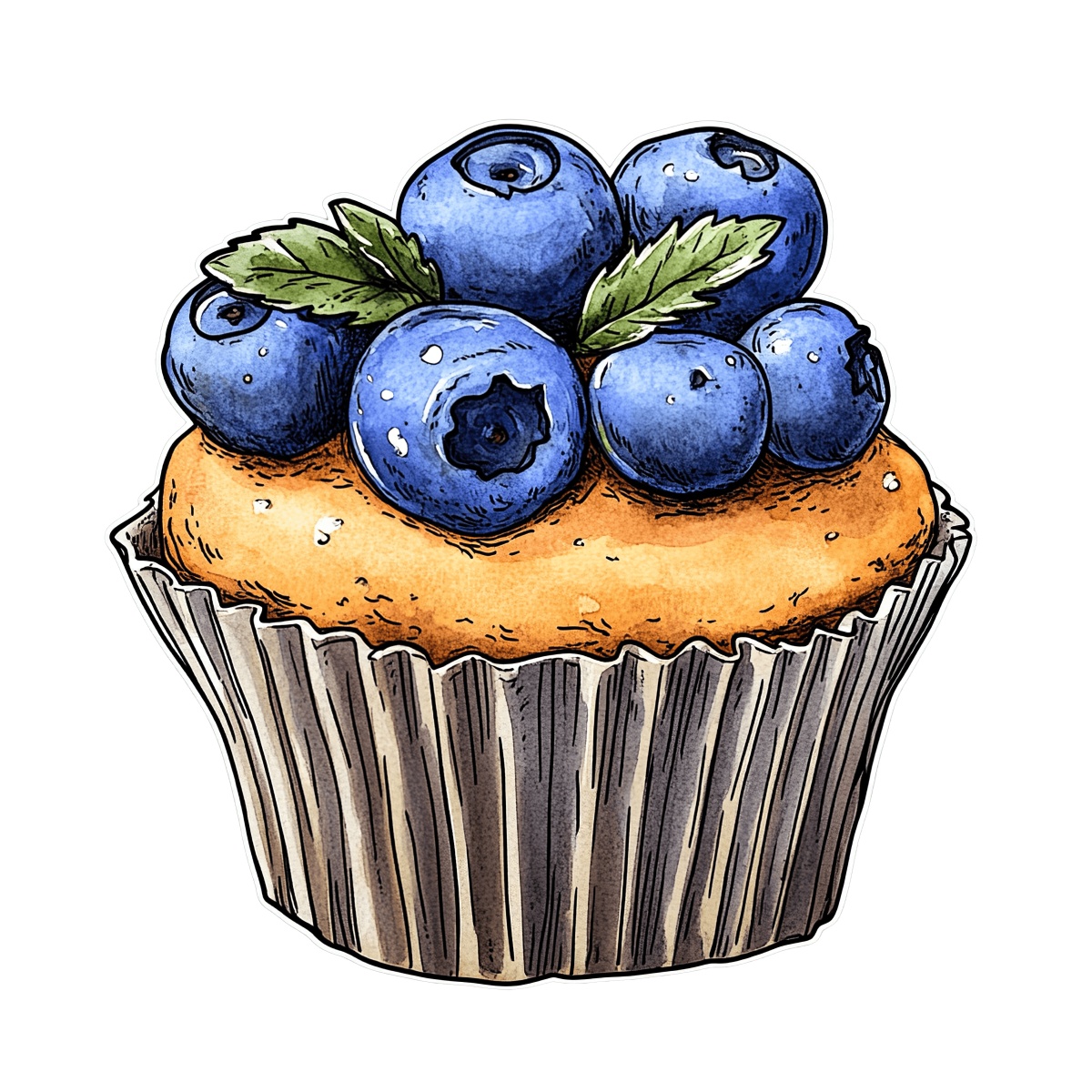 Blueberry muffin topped with fresh blueberries and green leaves.