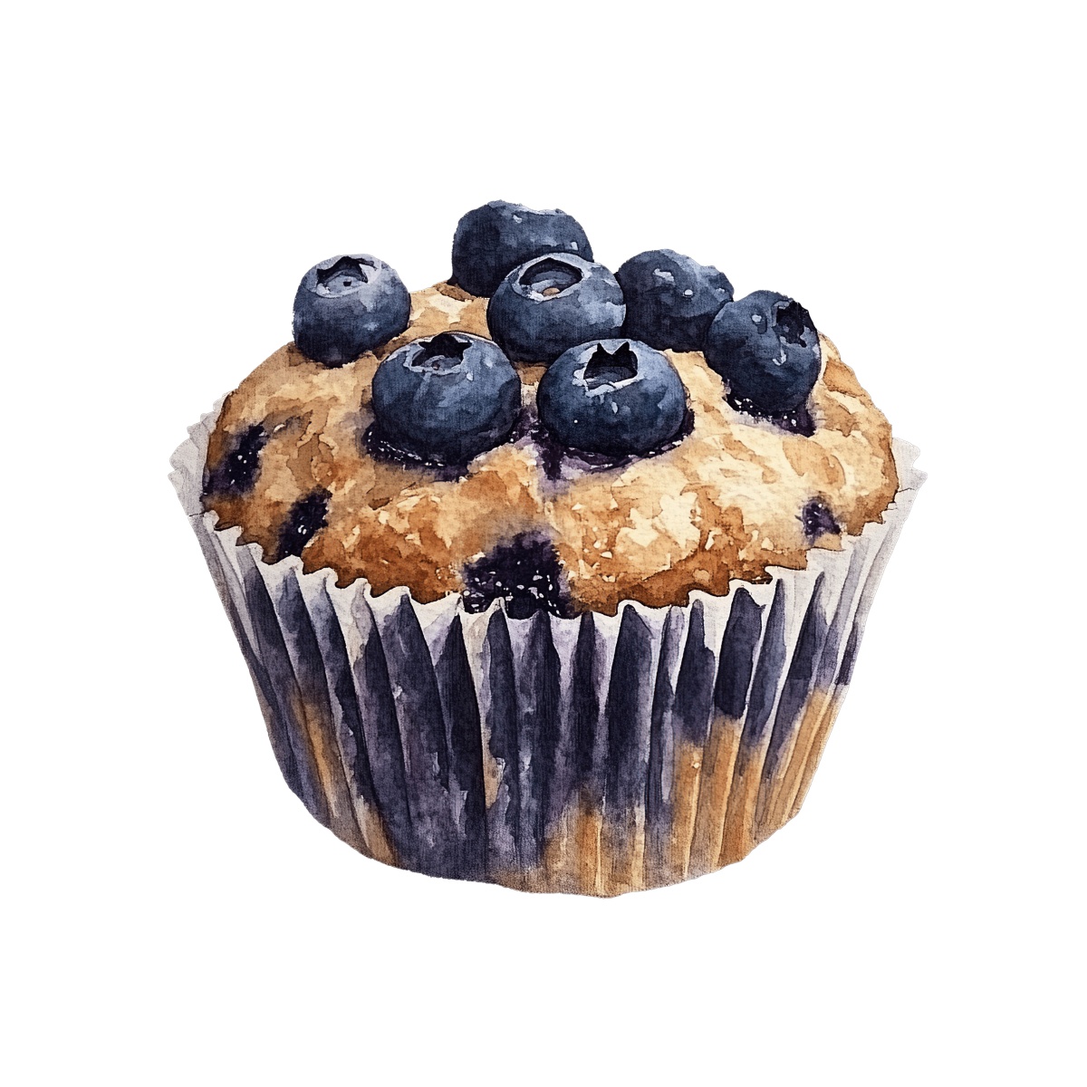 Blueberry muffin topped with fresh berries in a paper liner.