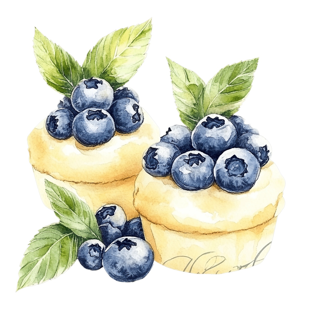 Two blueberry muffins topped with fresh green leaves in watercolor style.
