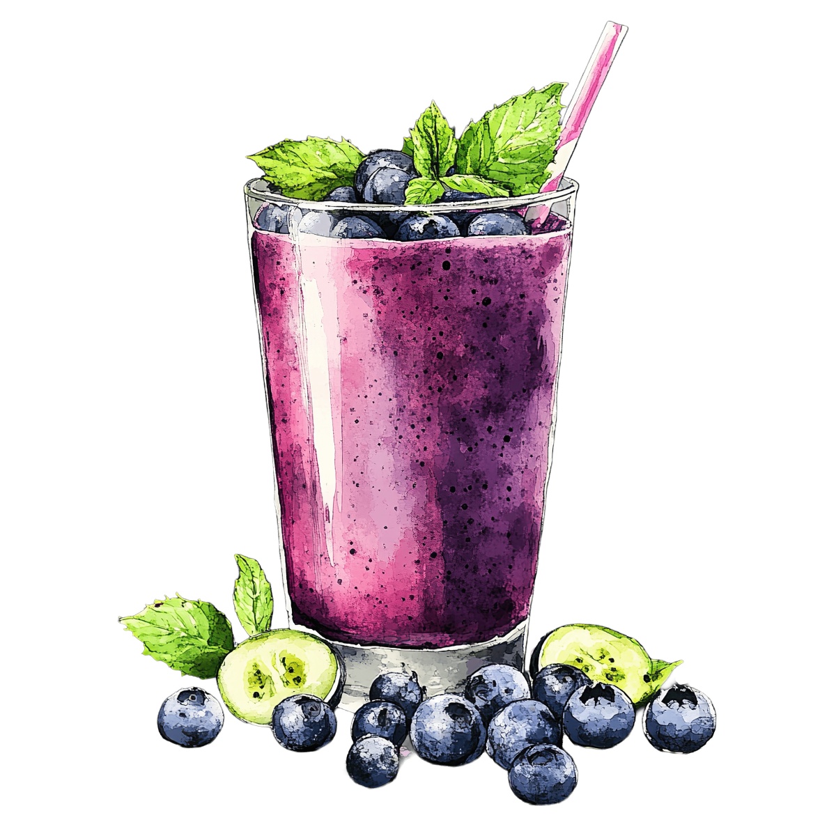Blueberry smoothie in a glass with mint leaves and a straw.
