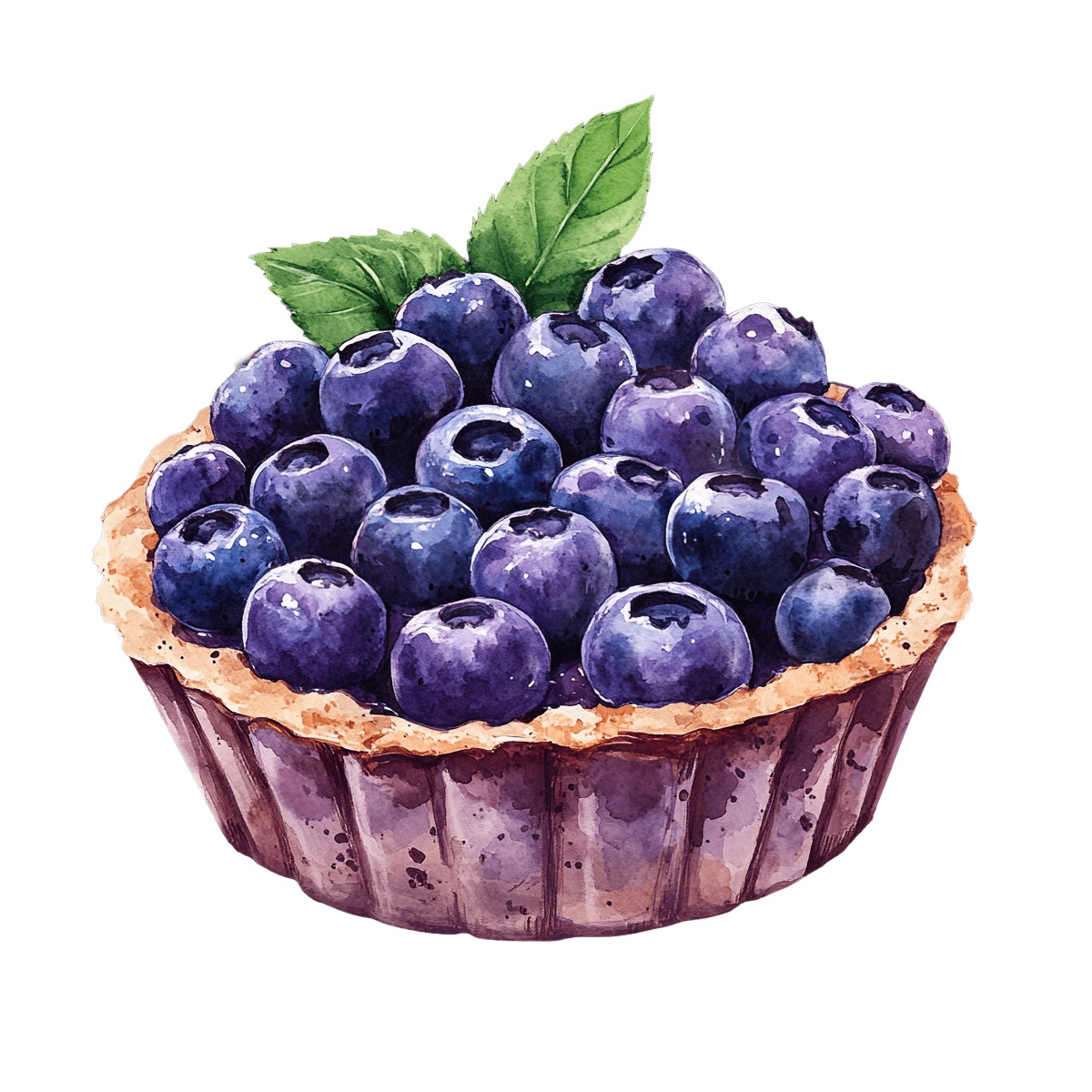 Blueberry tart topped with fresh blueberries and green leaves.