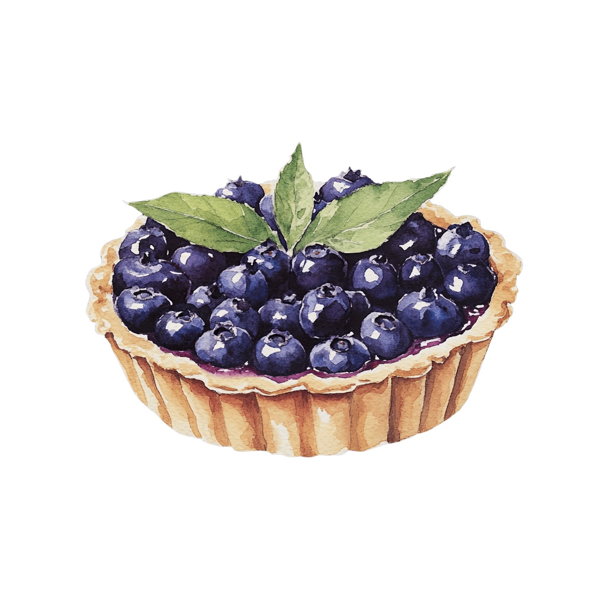 Blueberry tart with fresh green leaves in a clipart style.
