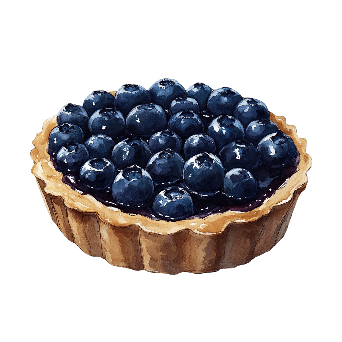 Blueberry tart with golden crust and vibrant berries in clipart style.